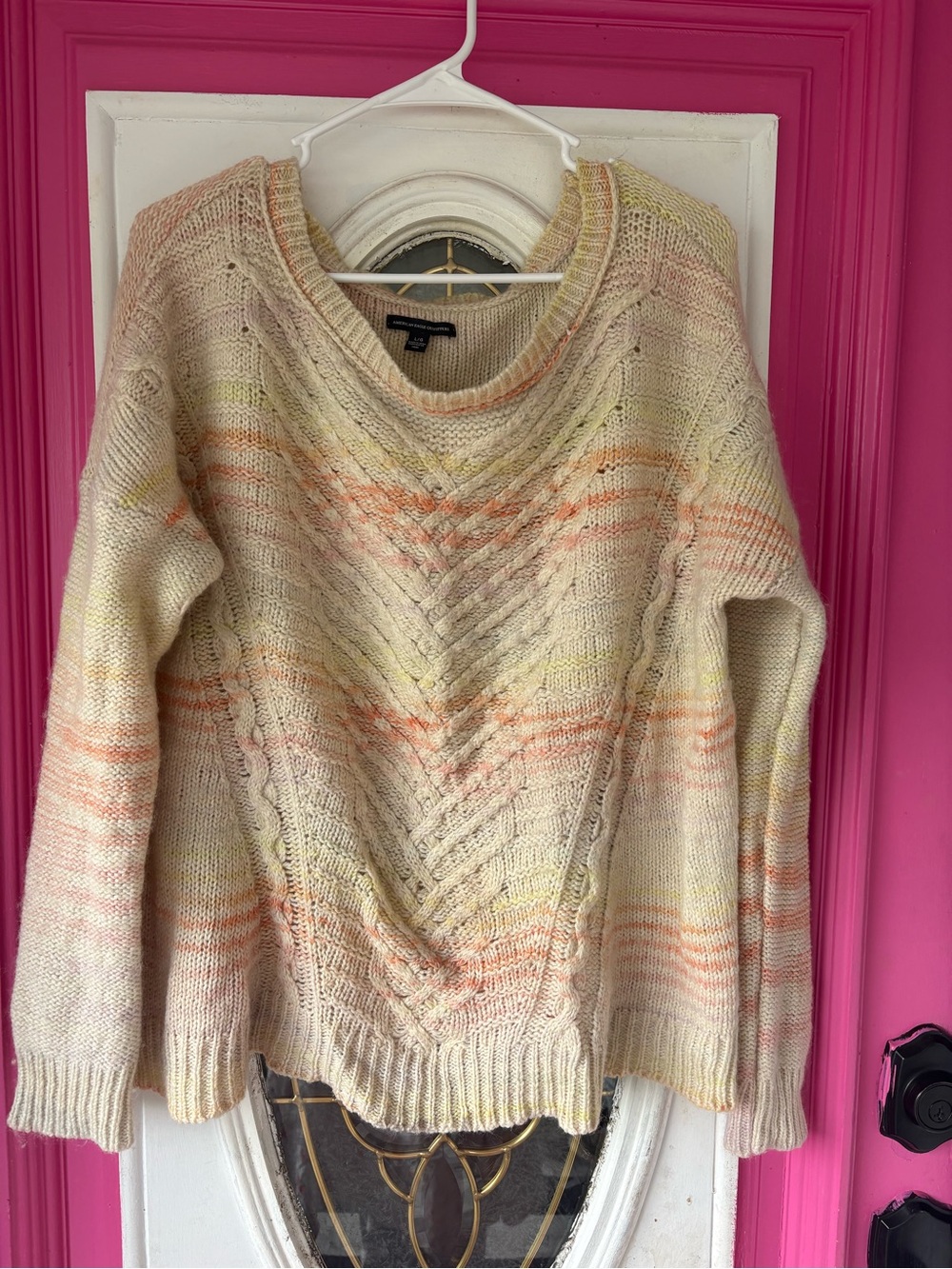 American Eagle Outfitters Cream Cable-Knit Sweater with Peach and Yellow Accents